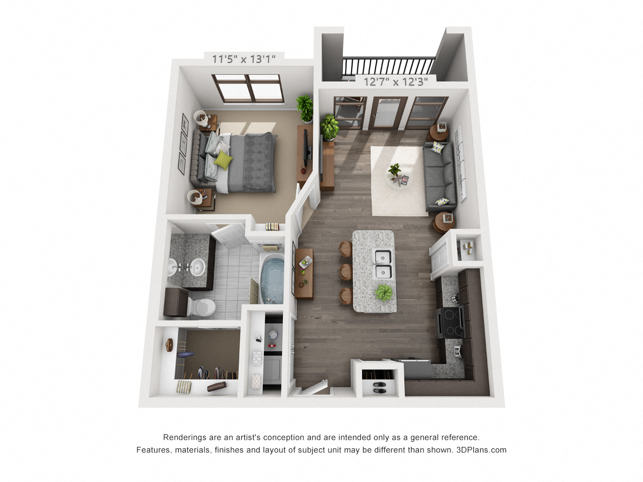 Floor plan for 1 bed, 1 bath, 650 sqft